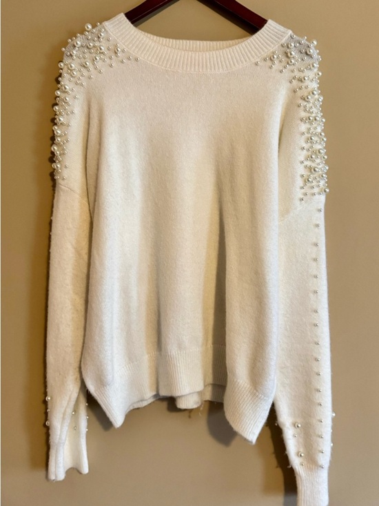 Pink Lily Sweaters - Pink Lily Ivory Pearl-Embellished Crewneck Sweater